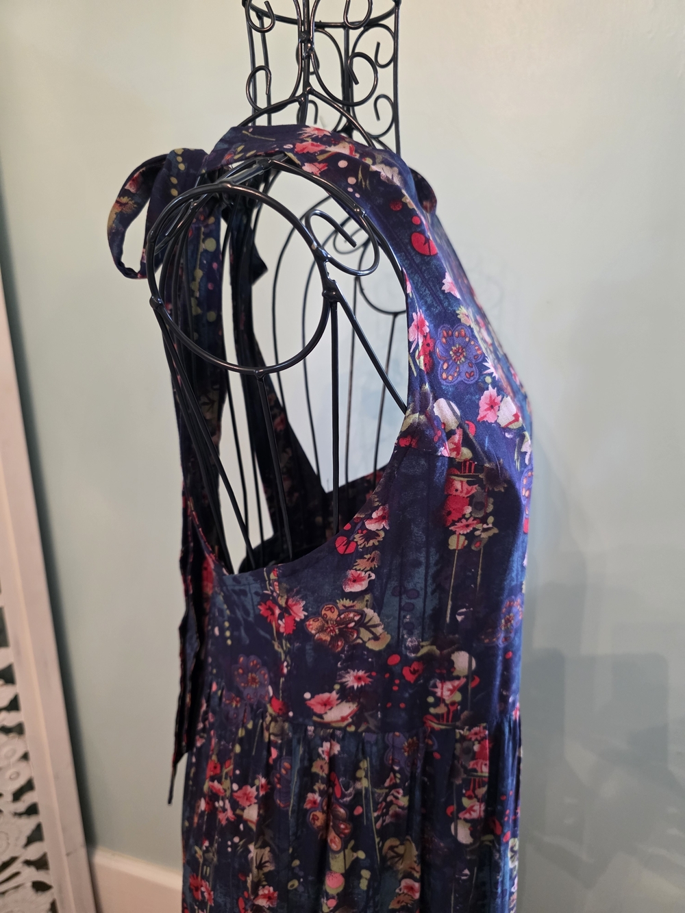 Floral Tiered Maxi Dress - Navy with Pink Floral - Picture 9 of 16